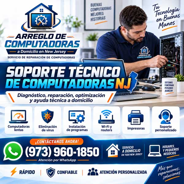 Técnico de soporte informático dando soporte técnico de computadoras a domicilio en New Jersey